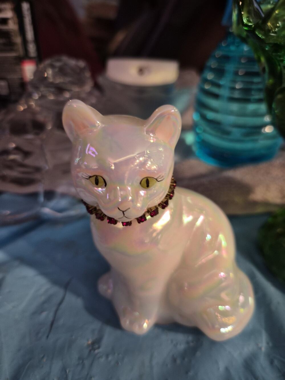 Fenton Iridescent Birthday Cat January Garnet Rhinestones Signed S Hopkins